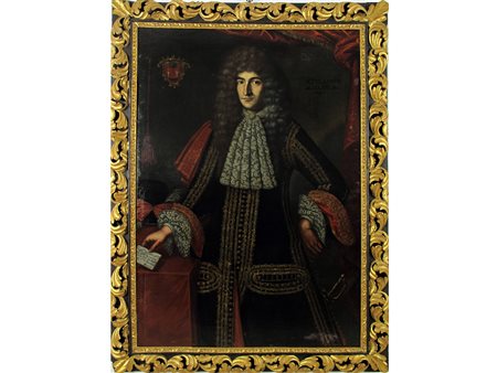 Scuola lombarda (XVII secolo) Nobiluomo Olio su tela Cornice coeva Misure...