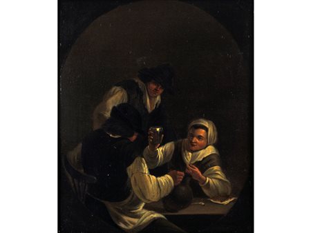 Scuola fiamminga (XIX secolo) Interno con figure Olio su tavola Misure 25x21 cm