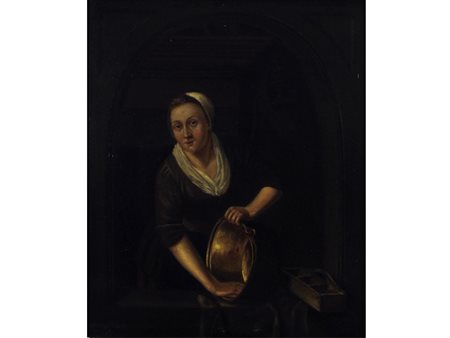 Scuola fiamminga (XIX secolo) Donna con paiolo Olio su tavola Misure 24,5x21 cm
