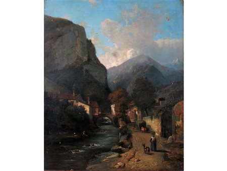 Anonimo (XIX secolo) Scorcio di paese montano con figure Olio su tela Senza...
