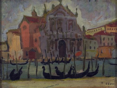 Virgilio Guidi (Roma 1892-Venezia 1984) Laguna con gondole Olio su cartoncino...