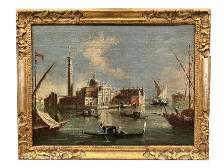 Giacomo Guardi (attribuito a)   Veduta dell'Isola di San Giorgio Maggiore con la punta della Giudecca a Venezia, gondole e velieri 