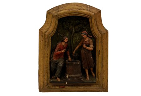    Gesù al pozzo. Gruppo di sculture lignee in cornice mistilinea dorata a due ordini di modanature. Napoli, XVII secolo 