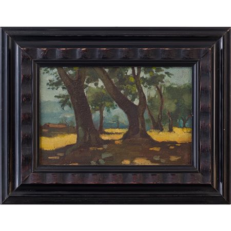 PITTORE DEL XX SECOLO, Paesaggio con alberi, Olio su tavoletta