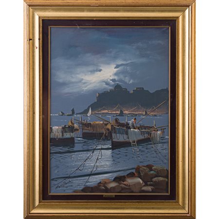 MARIO GALANTI, Marina con pescatori, Olio su tela