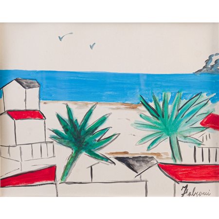 PITTORE XX SECOLO, Case sul mare, Olio su tela