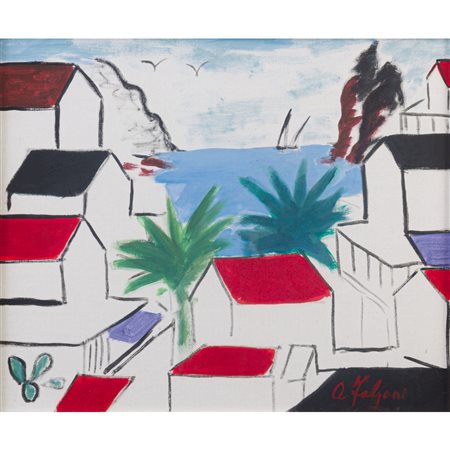 PITTORE DEL XX SECOLO, Case sul mare, Olio su tela