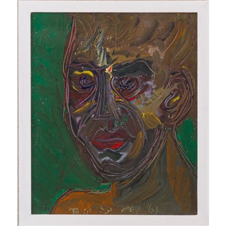 ANTONIO MASINI, Volto su fondo verde, Olio su cartone telato