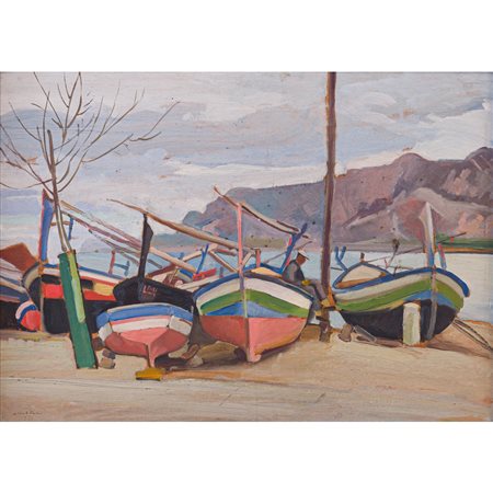 ALFONSO AMORELLI, Barche a secco a Palermo, Olio su tavola