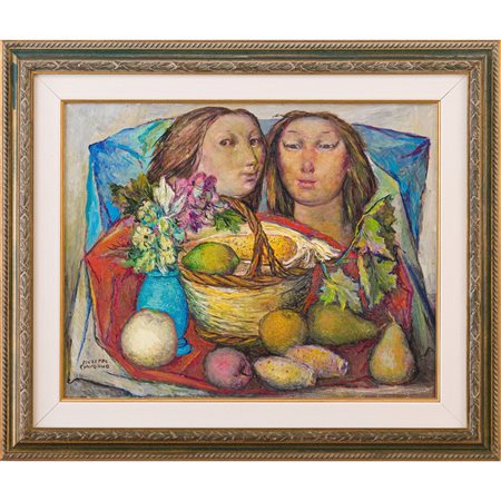 GIUSEPPE CIAVOLINO, Figure e cesto di frutta, Olio su tela