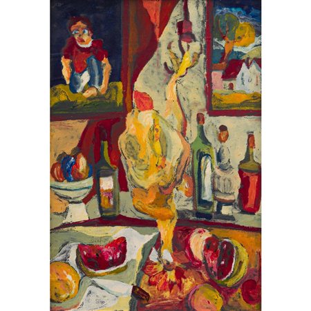 GIUSEPPE SERAFINI, Scena di Interno, Olio su cartoncino nero