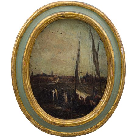 FRANCESCO GUARDI (Cerchia di), Olio su tela ovale su tavola