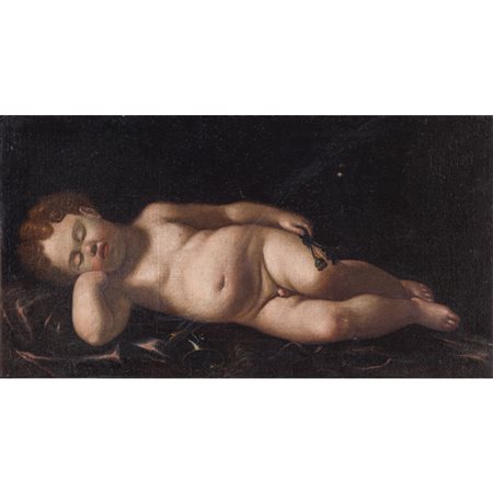 ANDREA VACCARO (Attr.le), Amorino dormiente, Olio su tela