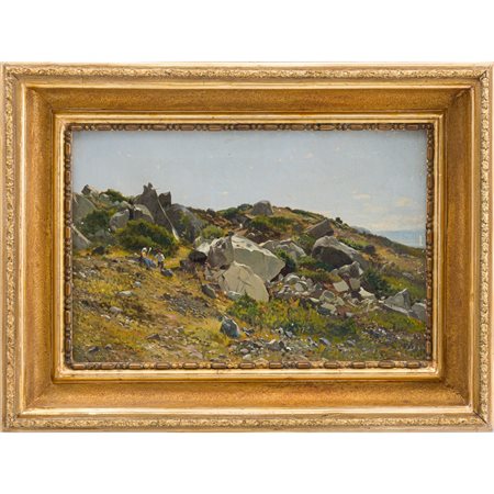 ETTORE CUMBO, Paesaggio montano con pastorelli, Olio su tela