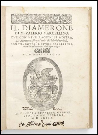 MARCELLINO VALERIO Il Diamerone. Venezia 1564 In 4. Legatura novecentesca....