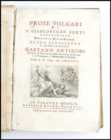 GIANLORENZO BERTI PROSE VOLGARI. Firenze 1759 In 4 Legatura in piena...