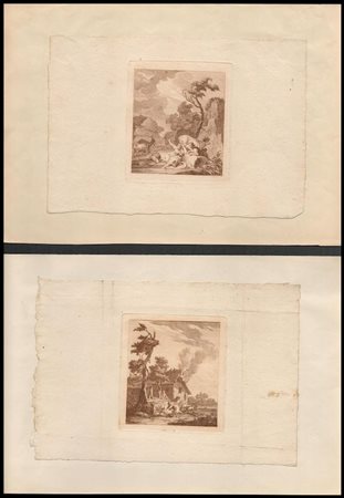 Anonimo incisore del XVIII secolo Lotto di tre paesaggi con figure Acquaforte...