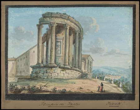 Anonimo acquarellista del XVIII secolo Tempio di Vesta a Tivoli Acquarello su...