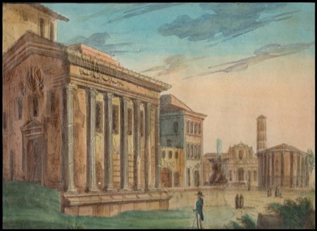 Anonimo incisore del fino di XVIII secolo Foro Olitorio e Tempio di Vesta...