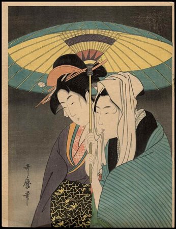 Kitagawa Utamaro (1753ca.-1806) Amanti sotto l'ombrello Xilografia a colori,...