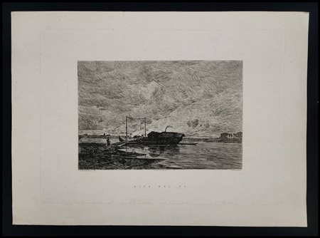Ernesto Pochintesta (1840-1891) Le Rive del Po, 1837 Acquaforte, cm 43x31,3...