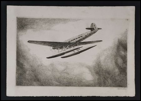 Antonio Carbonati (1893-1956) Idrovolante in volo: Ala Littoria I - FANO -...