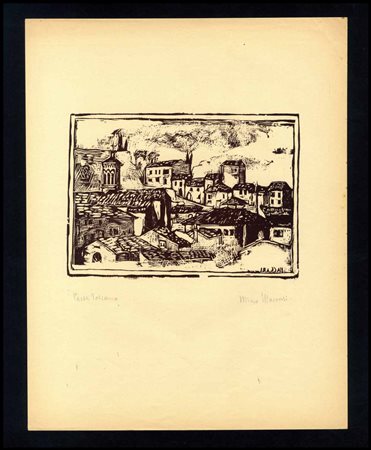 Mino Maccari (1898-1989) Paese Toscano xilografia, cm 24x31 Caratteristico...