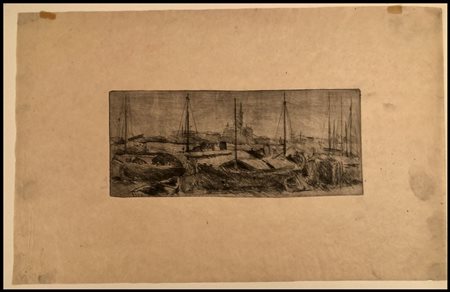 Giovanni Barbisan (1914-1988) Scorcio con le barche Acquaforte, 95 x 225 mm...