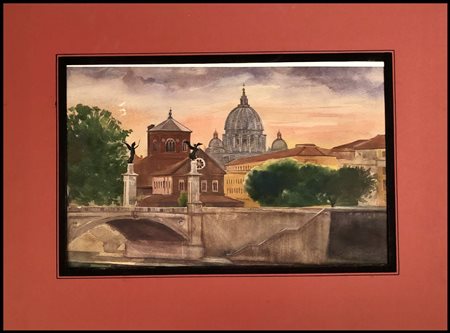 Vista dal Ponte San Angelo a Roma a tramonto, 1940 Acquarello su carta, 240 x...