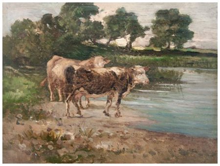 EMILIO LONGONI Barlassina 1859 – Milano 1932 Al pascolo Olio su tavola 32 x...