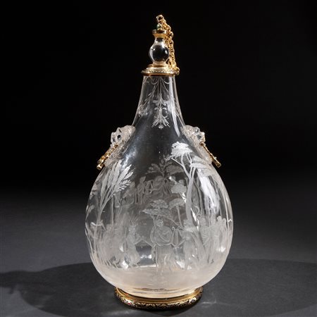 Fiasca in cristallo di rocca, oro e smalti, Italia prima metà del XX secolo   