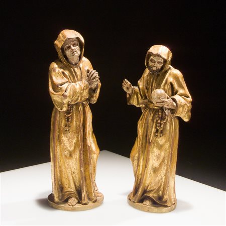 Coppia di sculture raffiguranti frati, probabile manifattura norditaliana del XVII secolo
