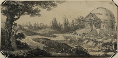 Scuola neoclassica della fine del XVIII secolo, Paesaggio con architetture classiche e panoplia