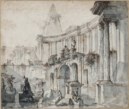Giovanni Paolo Panini 1692 Piacenza-1765 Roma, attribuito a, Capriccio con rovine architettoniche e figure