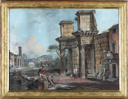 Jean-Baptiste Lallemand 1716 Digione-1803 Parigi, Veduta con rovine classiche e figure di popolani