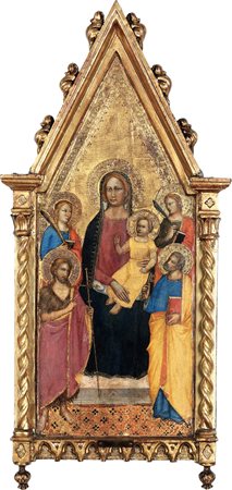 Maestro della Madonna della Misericordia (attivo a Firenze tra il 1360 e il 1390), Madonna in trono col Bambino tra due Santi Martiri e i Santi Giovanni Battista e Pietro