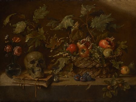 Maestro della natura morta Acquavella (attivo a Roma nella prima metà del XVII secolo), Natura morta con canestra di frutta e vanitas