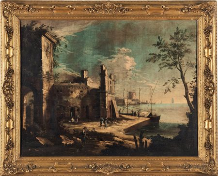 Scuola del XVIII secolo, Veduta con approdo e figure