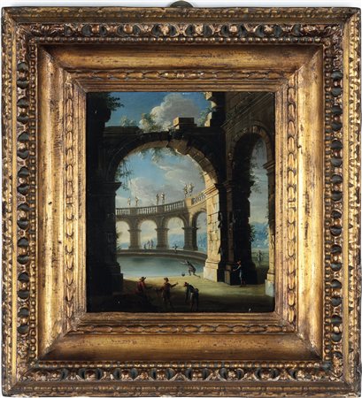 Leonardo Coccorante 1680 Napoli-1750 Napoli, Capriccio con arcate su bacino lacustre