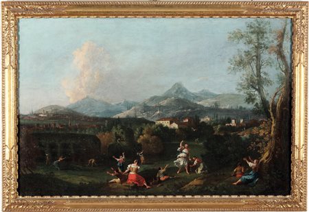 Scuola veneta del XVIII secolo, Paesaggio con contadini e montagne sullo sfondo