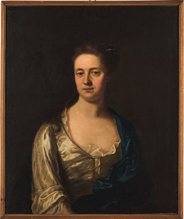 Scuola inglese del XVIII secolo, Ritratto di dama con drappo blu