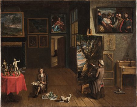 Jan de Bray 1627 Haarlem-1697 Amsterdam, attribuito a, Interno dell'atelier dell'artista