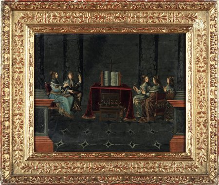 Scuola del nord Europa del XVII secolo, Gentildonne in preghiera intorno all'altare