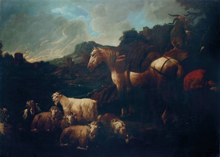 Philipp Peter Roos 1655 Francoforte sul Meno-1706 Tivoli, detto Rosa da Tivoli, Paesaggio con pastore e gregge