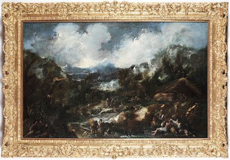 Alessandro Magnasco (1667 Genova - 1749 Genova) e Antonio Francesco Peruzzini (1643 Ancona - 1724 Milano), Paesaggio con pastori e contadini in riva al fiume