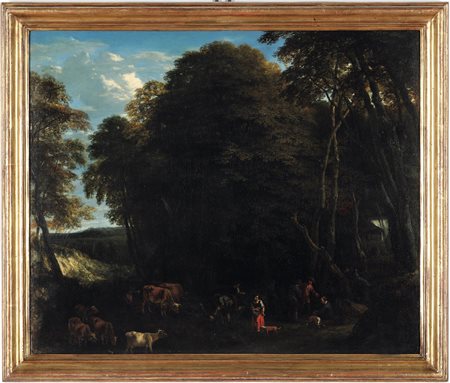 Jan-Baptist Huysmans 1654 Anversa-1716 Anversa, Paesaggio boschivo con pastori e armenti