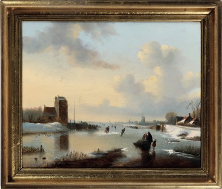 Scuola del XIX secolo, Paesaggio innevato con pattinatori