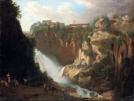 Hubert Robert 1733 Parigi-1808 Parigi, nei modi di, Vedute con le cascate di Tivoli e il Tempio di Vesta