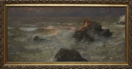 Eduard Ansen-Hofmann (1820-1904), "Naked nymph on a rock in sea surf in the evening"