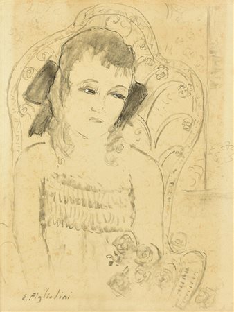 Ermanno Figliolini FANCIULLA IN PENSIERI carboncino su carta, cm 42x31 firma...